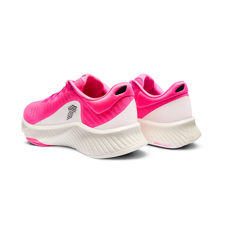 Pair of pink and white running shoes.