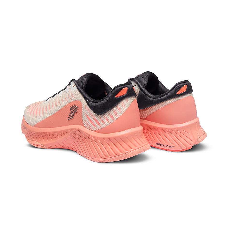 Peach and white running shoes.