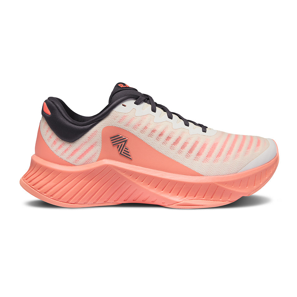 Peach and white running shoe.