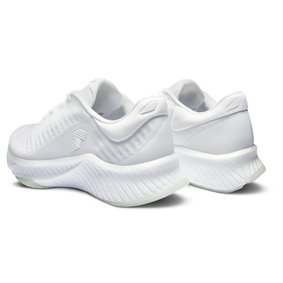 Pair of white running shoes displayed in the R.A.D R-1 GHOST product image