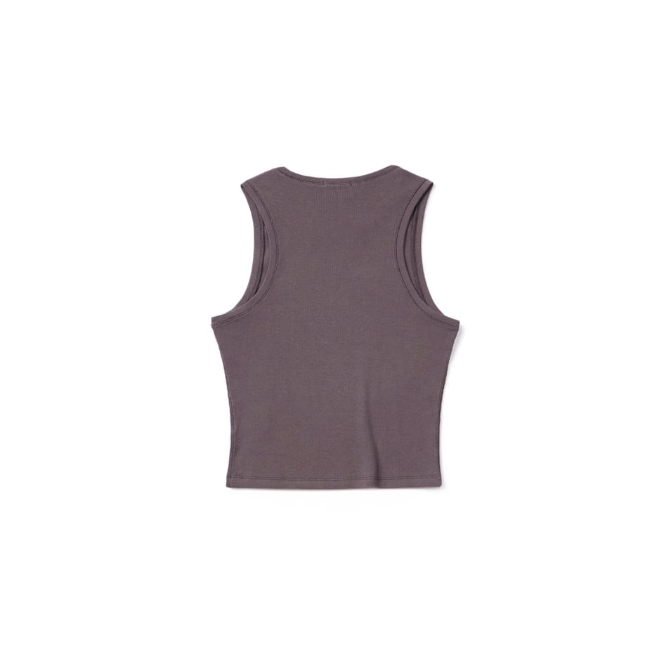 Sleeveless, gray-purple knit top.