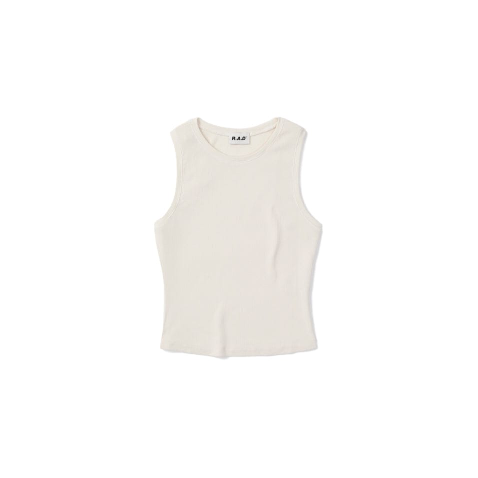 Sleeveless ribbed white tank top labeled RIB TANK OFF WHITE for casual wear