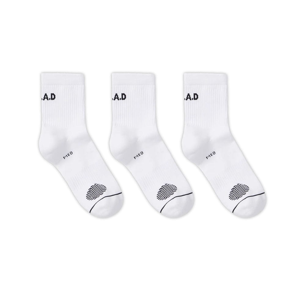Three white athletic socks.
