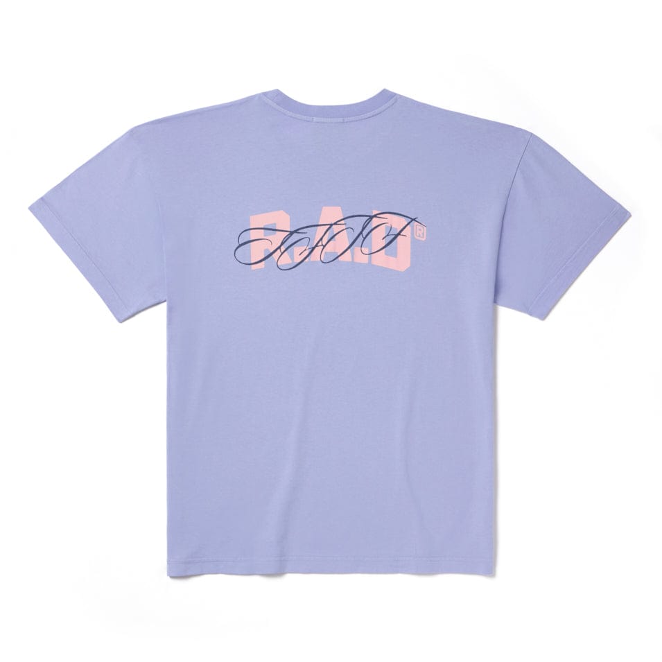 Lavender t-shirt with graphic.